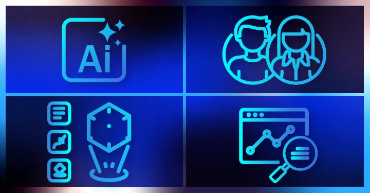 a hero image split into four sections representing AI, avatars, analytics, and simulation