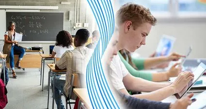 a flipped classroom represented by a teacher delivering a class while, on the other side of a vertical divider, a student interacts with a tablet