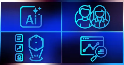 a hero image split into four sections representing AI, avatars, analytics, and simulation