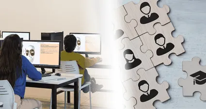 a hero image showing puzzle pieces interlocking with students undertaking digital learning