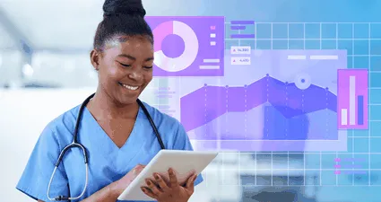 a woman in scrubs interacting with a tablet computer