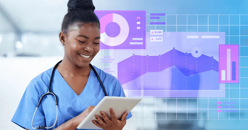 a woman in scrubs interacting with a tablet computer