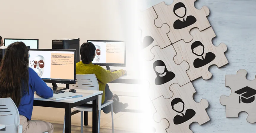 a hero image showing puzzle pieces interlocking with students undertaking digital learning