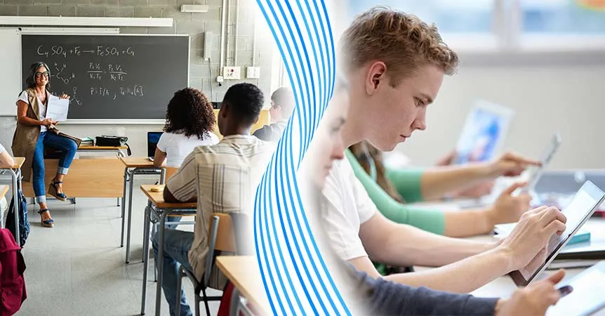 a flipped classroom represented by a teacher delivering a class while, on the other side of a vertical divider, a student interacts with a tablet